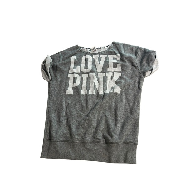 PINK by Victoria's Secret Tops - PINK by Victoria's Secret Love Pink Gray Graphic Sweatshirt Short Sleeve SZ S